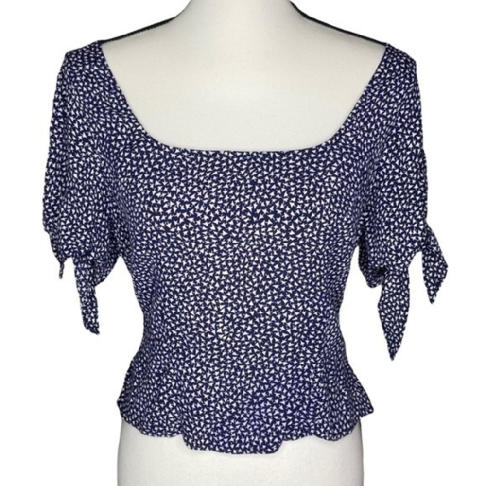 Maeve Anthropologie Adley Blouse Top Blue White Geometric Print Tie Sleeve Small